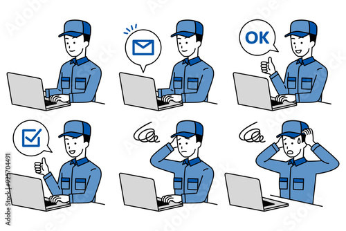 ノートパソコンで仕事をしているつなぎ作業服の男性　セット