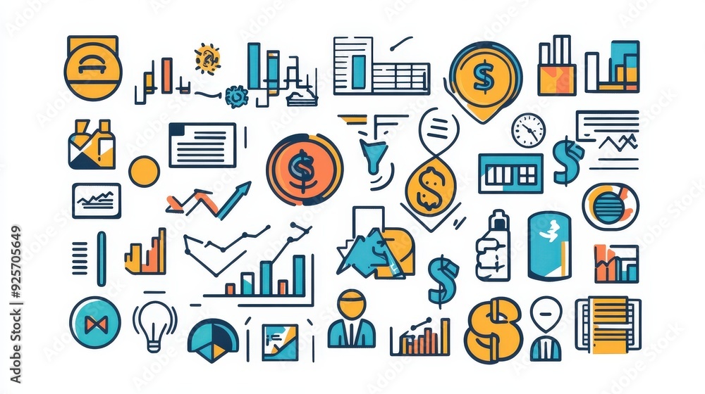 Set of business icons with a businessman figure, including currency, growth, and innovation symbols, arranged in a grid format. Set of business icons with a businessman figure, including currency, growth, and innovation symbols, arranged in a grid format.