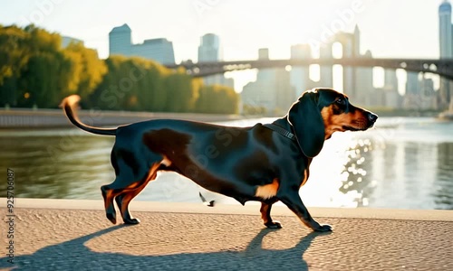 The dachshund in a suit runs on the embankment along the river - Slow motion.