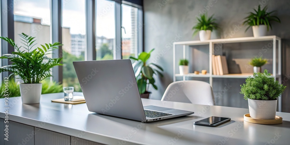 Modern office workspace with a sleek grey front desk, featuring a laptop computer, keyboard, and mouse on a clutter-free surface amidst a minimalist background. Modern office workspace with a sleek grey front desk, featuring a laptop computer, keyboard, and mouse on a clutter-free surface amidst a minimalist background.