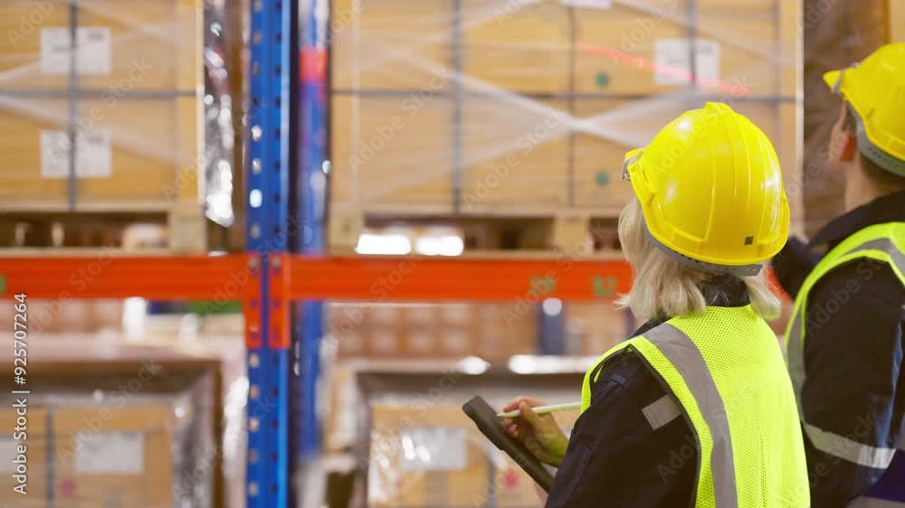 Retail Storehouse full of shelves with goods in cardboard boxes, Young man and woman warehouse worker wearing vest and helmet safety discuss product delivery Retail Storehouse full of shelves with goods in cardboard boxes, Young man and woman warehouse worker wearing vest and helmet safety discuss product delivery