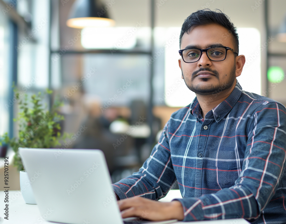 portrait of an Indian businessman working on laptop sitting in modern office portrait of an Indian businessman working on laptop sitting in modern office