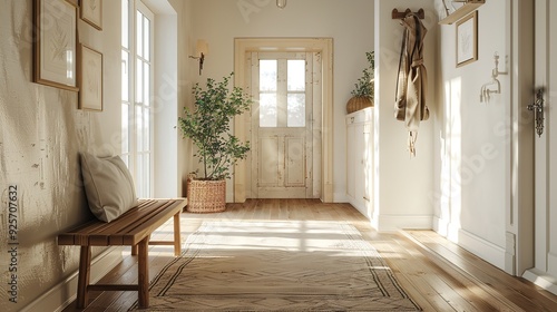 A bright, coastal-style entrance hall with natural , a reclaimed wooden table, and a driftwood-framed mirror.