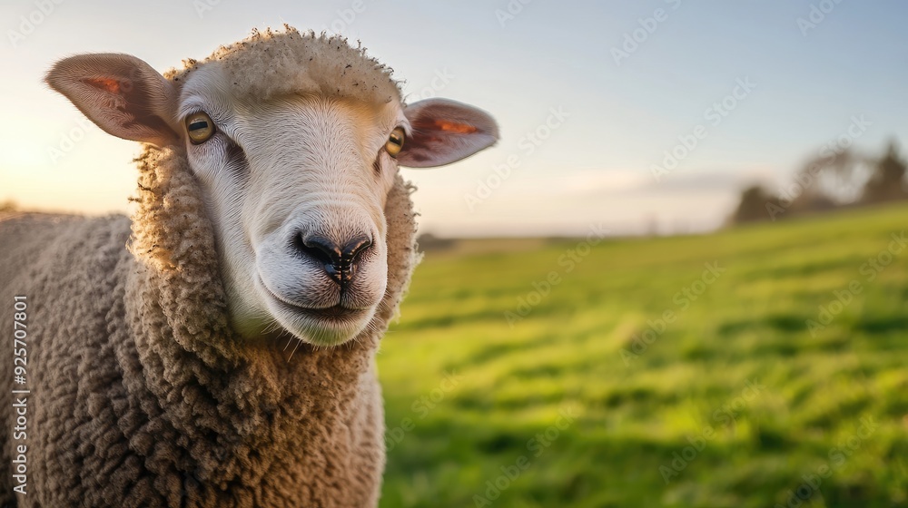 Fototapeta premium A close-up view of a sheep's face, wool fluffy and eyes alert, framed against a lush green pasture background under a clear sky.