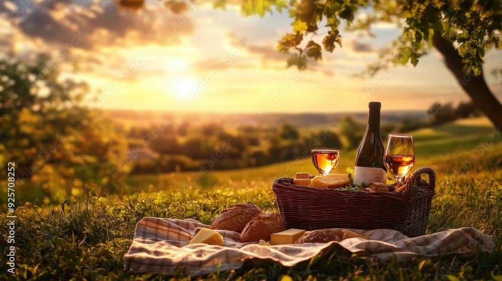 Fototapeta premium Romantic picnic for two, featuring a basket with wine, cheese, and fresh bread, set against a sunset in a scenic park.