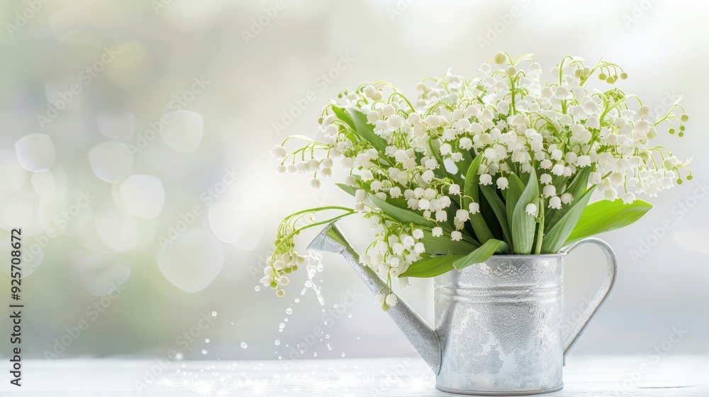 Blank greeting card for mothers day with lilies of the valley flowers bouquet in a decorative watering Blank greeting card for mothers day with lilies of the valley flowers bouquet in a decorative watering