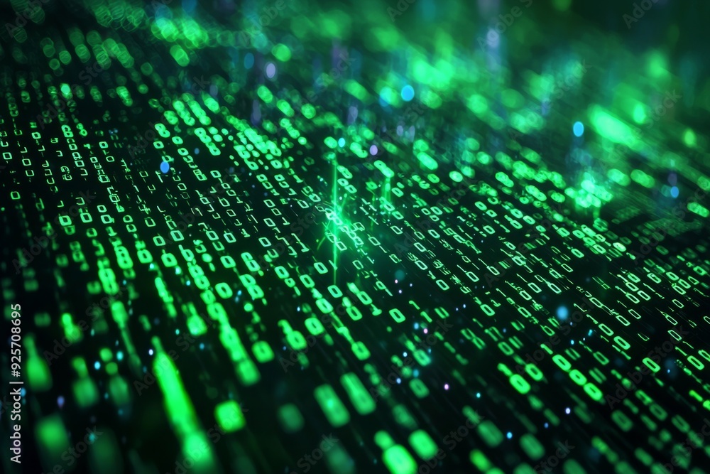Green Dark Binary Code with Data Streaming Background created with Generative AI Green Dark Binary Code with Data Streaming Background created with Generative AI