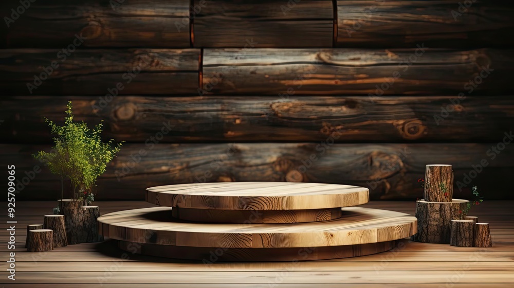 Fototapeta premium Wood podium product stand or display with cinematic light and cinematic background
