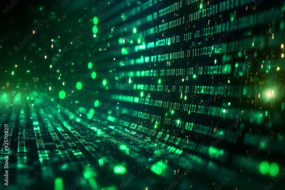 Green Dark Binary Code with Data Streaming Background created with Generative AI Green Dark Binary Code with Data Streaming Background created with Generative AI