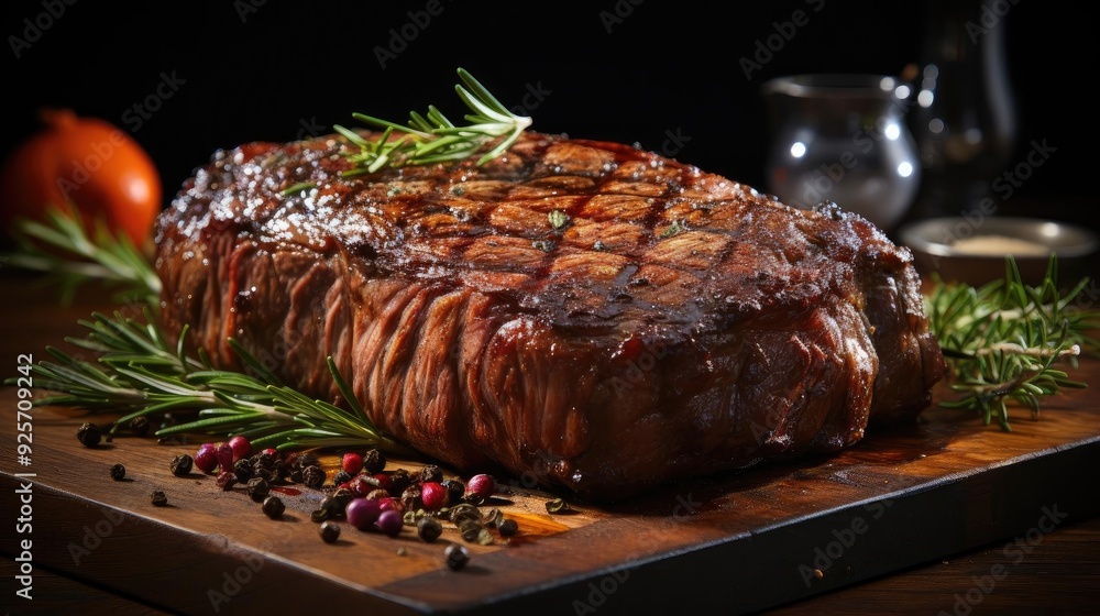 Grilled steak with melted barbeque sauce on a black and blurry background Grilled steak with melted barbeque sauce on a black and blurry background