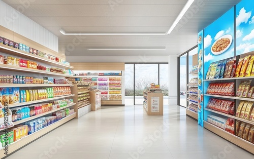 Bright and Clean Grocery Store Interior with Shelves of Products photo