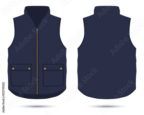 Dark blue modern vest mockup front and back view. Vector illustration