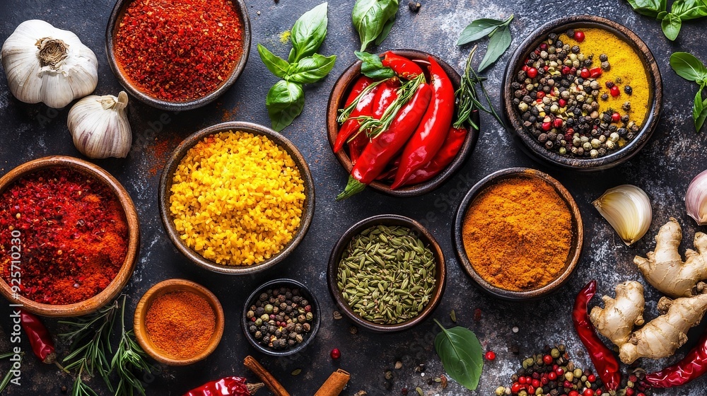 Cookbook featuring international cuisine, open to a colorful dish from a specific country, with spices and ingredients native to that region. Cookbook featuring international cuisine, open to a colorful dish from a specific country, with spices and ingredients native to that region.
