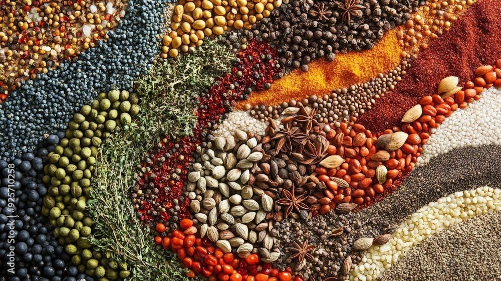 Food art using colorful spices and herbs arranged in intricate patterns, showcasing the beauty of culinary creativity. Food art using colorful spices and herbs arranged in intricate patterns, showcasing the beauty of culinary creativity.