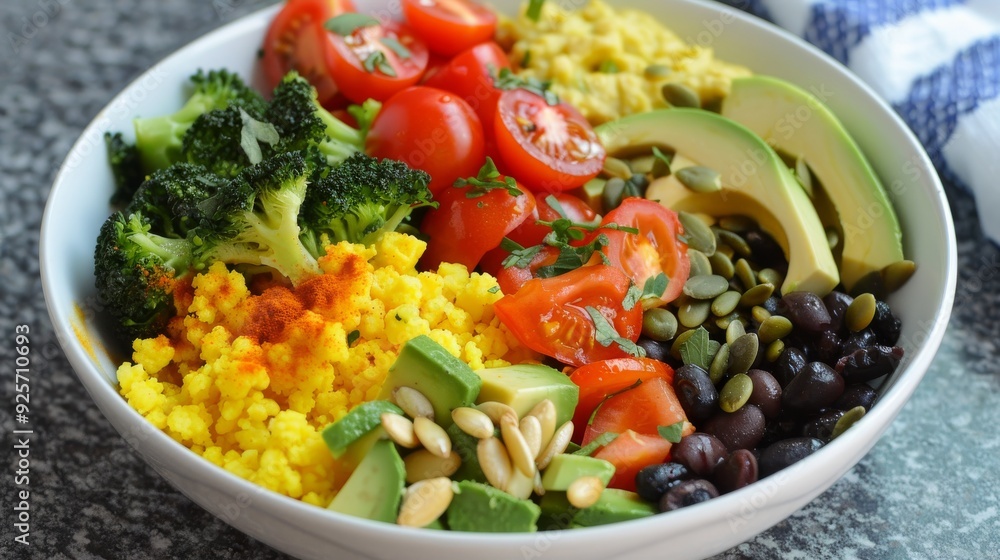 Create an image of a vibrant and healthy Turmeric and Cauliflower Rice Bowl designed for an anti-inflammatory diet Create an image of a vibrant and healthy Turmeric and Cauliflower Rice Bowl designed for an anti-inflammatory diet