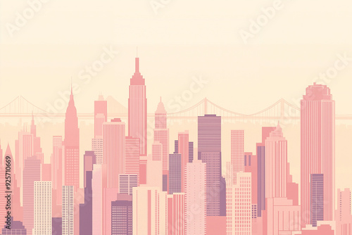 a minimalist, flat-style illustration of a bustling city skyline with skyscrapers and bridges