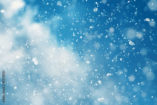 Soft Snow Background, Light snow falls from top to bottom on an abstract dark blue background, Christmas background, blue snowflakes, blur, bokeh, snow drops on the glass 