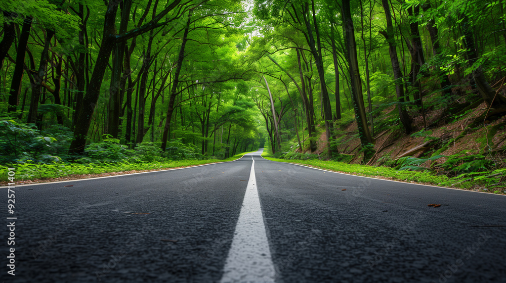 Obraz premium a beautiful asphalt road passing through green forest, wallpaper, background 
