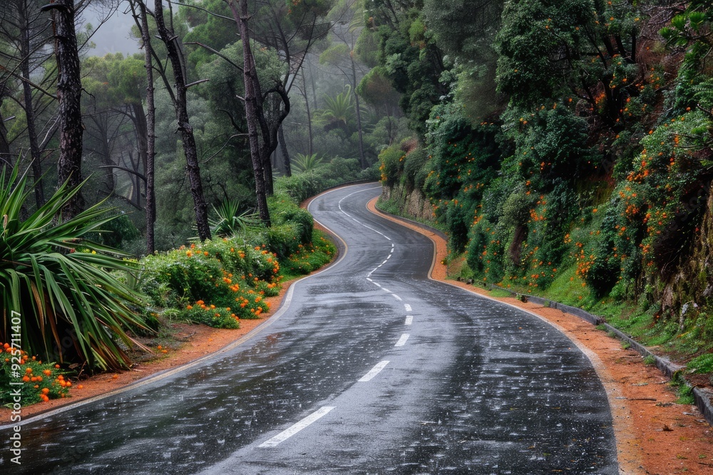 Wet Winding Road Through a Lush Forest Wet Winding Road Through a Lush Forest