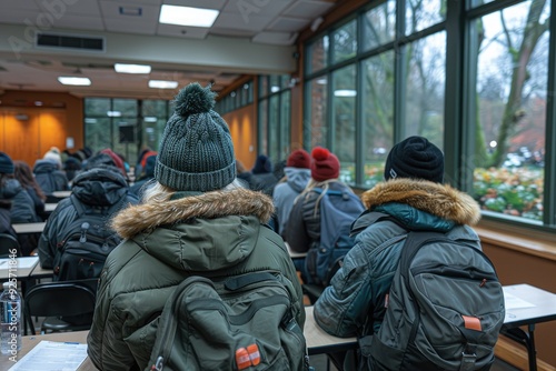 Students in a classroom sitting at desks with backpacks and looking out the window