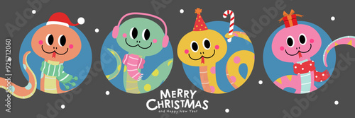 Merry Christmas and happy new year 2025 with cute snake in xmas hat. Animal holidays cartoon character. -Vector