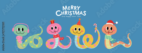 Merry Christmas and happy new year 2025 with cute snake in xmas hat. Animal holidays cartoon character. -Vector