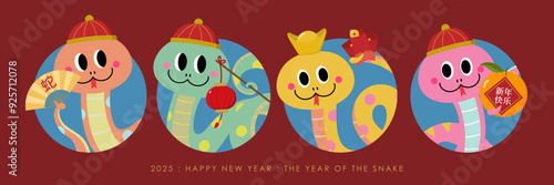 Happy Chinese new year 2025 greeting card with cute snake and gold money. Animal zodiac cartoon character. Translate: Happy new year, snake. -Vector