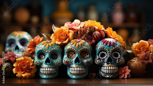 day of the dead background with floral ornaments and skulls for banners or posters
