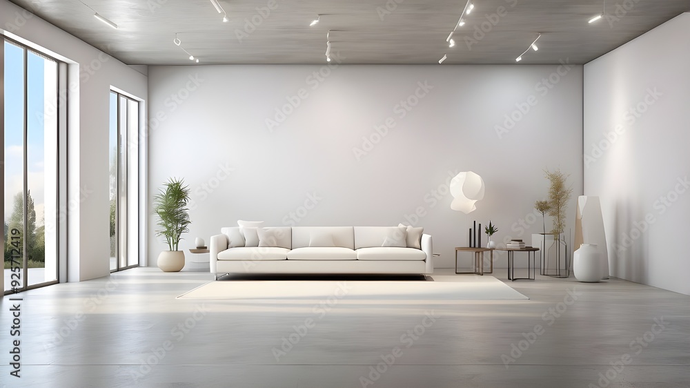 A Contemporary room with concrete flooring, blank white walls, and brilliant lighting—perfect for an art show or gallery setting. 3D A Contemporary room with concrete flooring, blank white walls, and brilliant lighting—perfect for an art show or gallery setting. 3D