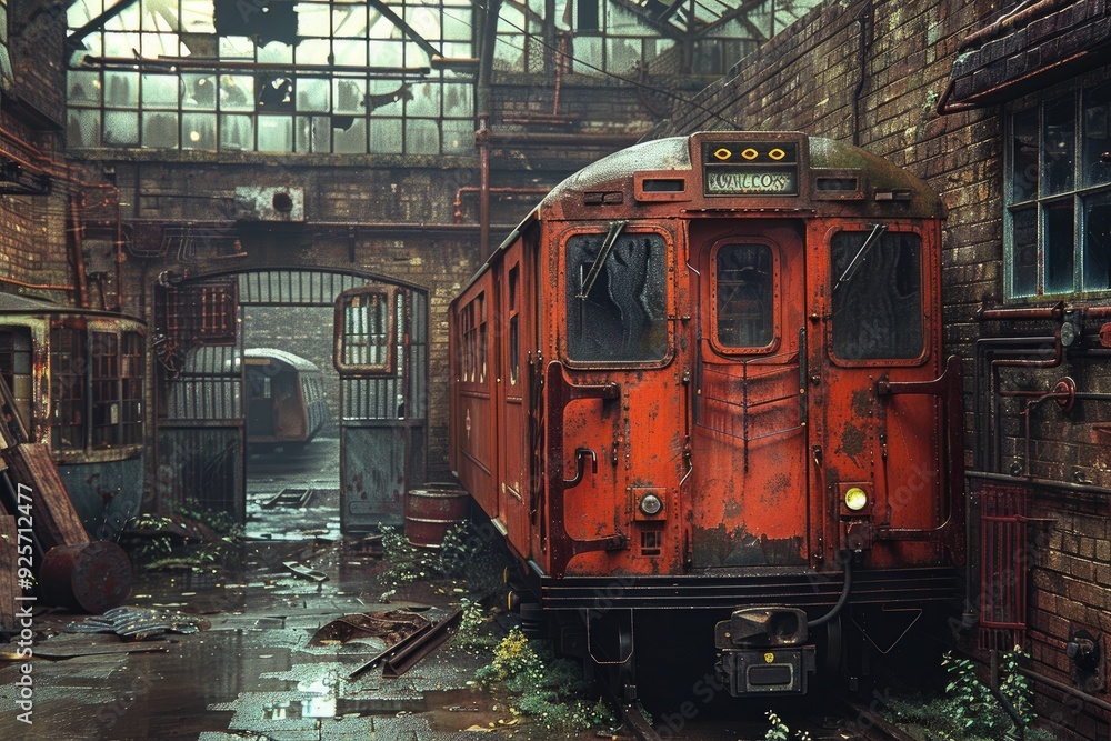 Rusty Red Train Car Parked in a Decaying Train Station Rusty Red Train Car Parked in a Decaying Train Station