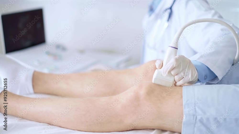 Doctor woman wearing blue medical gloves performing knee ultrasound exam on male patient. Medicine, orthopedic service concept Doctor woman wearing blue medical gloves performing knee ultrasound exam on male patient. Medicine, orthopedic service concept