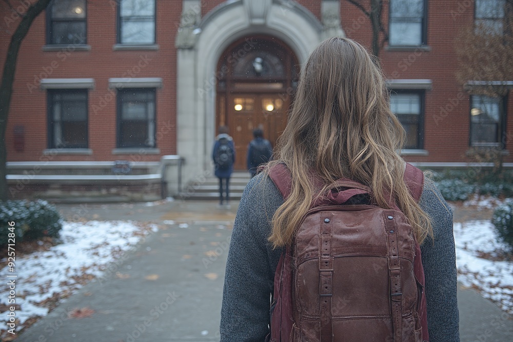 Fototapeta premium Woman with Brown Leather Backpack Standing in Front of Building