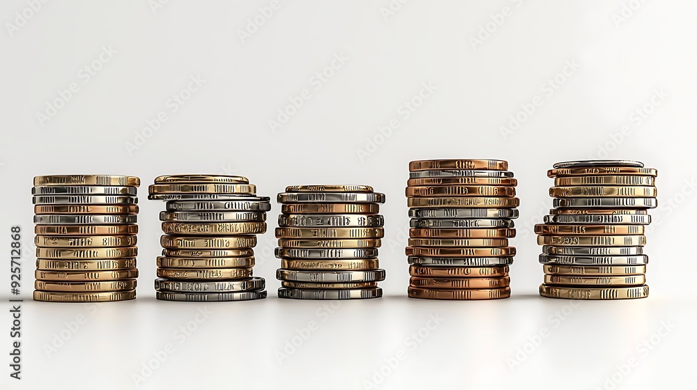 A 3D illustration of wealth accumulation, depicted through stacked coins that symbolize steady growth and savings, set against a white background with ample copy space. A 3D illustration of wealth accumulation, depicted through stacked coins that symbolize steady growth and savings, set against a white background with ample copy space.