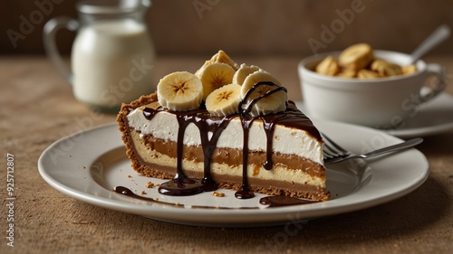 a slice of banoffee pie on a beige ceramic plate