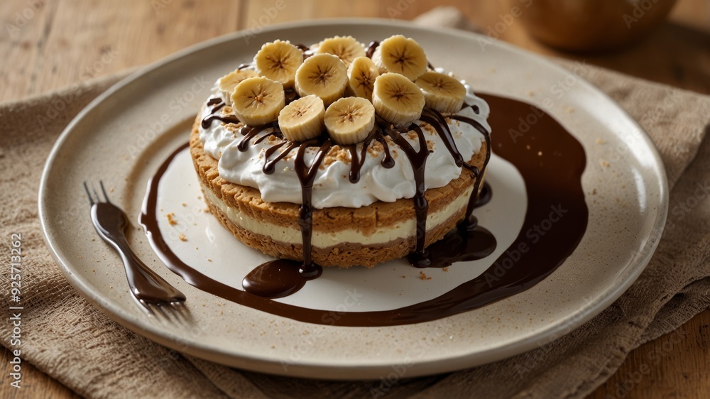 a slice of banoffee pie on a beige ceramic plate a slice of banoffee pie on a beige ceramic plate