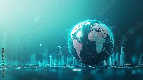 A 3D illustration of economic growth, depicted through a world globe with arrows symbolizing global financial expansion, set against a clean background with ample copy space.