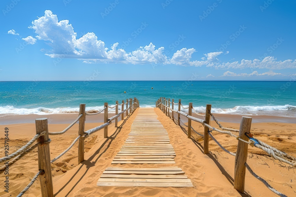 Wooden Walkway Leading to a Sandy Beach and Turquoise Sea Wooden Walkway Leading to a Sandy Beach and Turquoise Sea