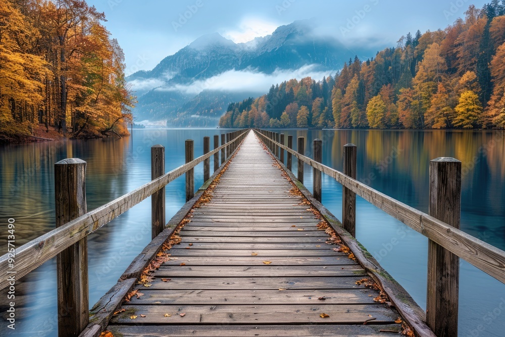 Wooden Pathway Leading to a Misty Mountain Lake Wooden Pathway Leading to a Misty Mountain Lake