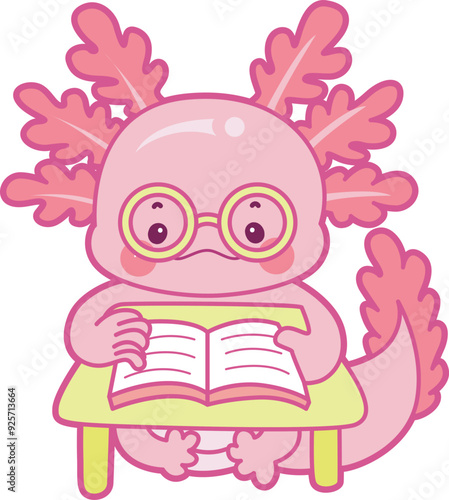 Illustration of cute axolotl activities icon.
Funny pink axolotl in daily routine stickers.