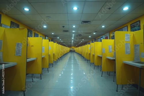 Row of Yellow Voting Booths in an Election Center photo