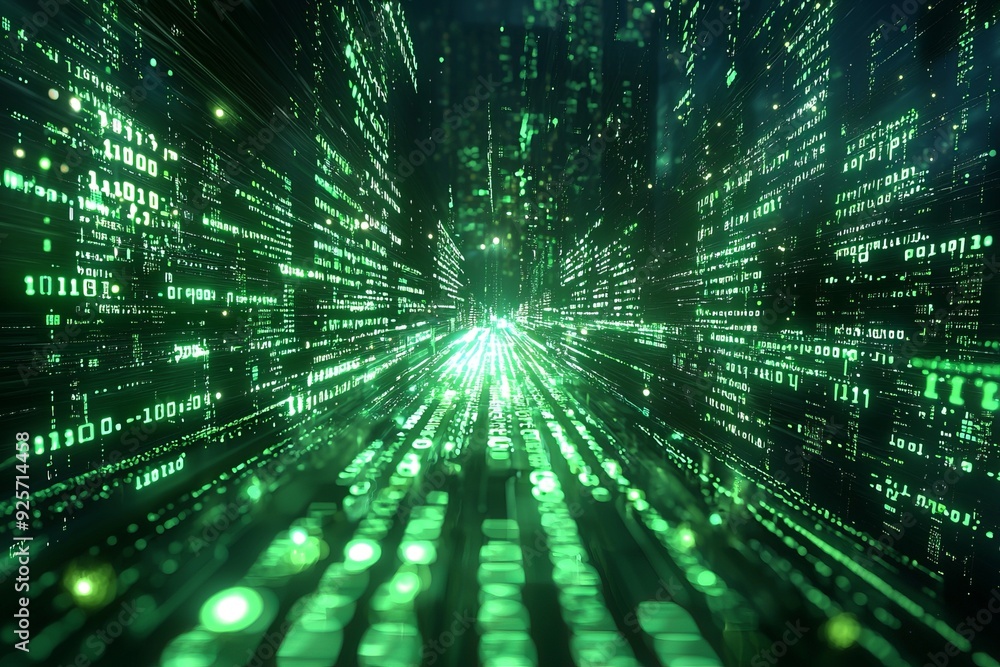 Green Dark Binary Code with Data Streaming Background created with Generative AI Green Dark Binary Code with Data Streaming Background created with Generative AI