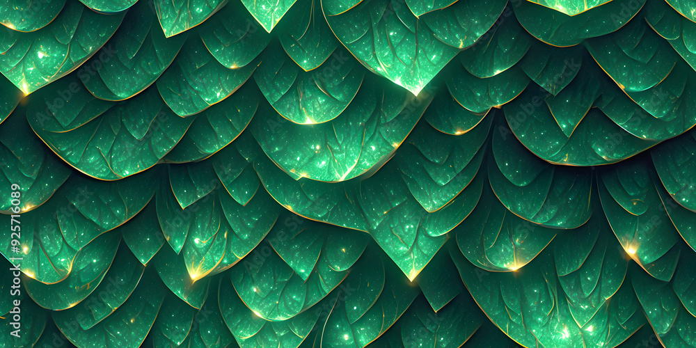 Fototapeta premium Seamless Emerald Green Scales: Nature's Stunning Reptile and Fish Textures, Dragon and Snakes Lather Pattern. Tile Background for Packaging, Fabric, Textile, Decor, Wrap, Invitation Card and Fashion.