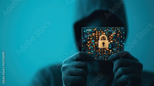 A masked figure holding a stolen identity card with a digital lock symbol