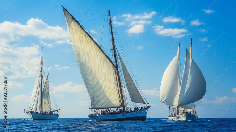 Obraz premium Sailing Rendezvous: A Series of Yachts and Ships in a Competitive Regatta on the Open Seas