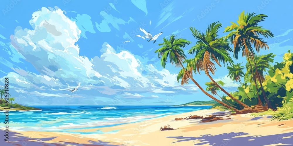 Fototapeta premium Tropical Island Bliss: A Lively and Serene Beach Illustration with Palm Trees Sway to the Ocean's Melody