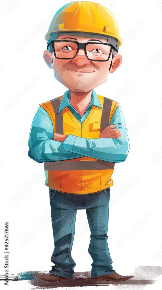 A cartoon construction worker wearing a hard hat and safety vest, standing confidently. A cartoon construction worker wearing a hard hat and safety vest, standing confidently.