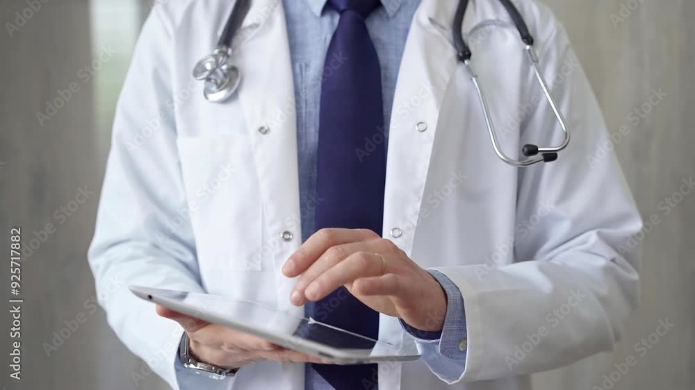 Doctor man wearing lab coat and stethoscope using tablet computer in hospital. Medicine and science Doctor man wearing lab coat and stethoscope using tablet computer in hospital. Medicine and science