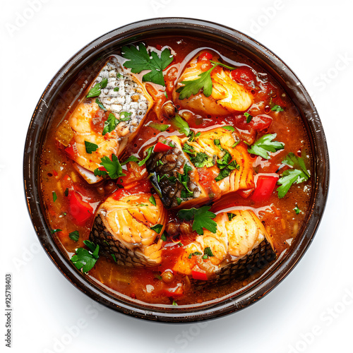 a bowl of fish and vegetables in a tomato sauce photo