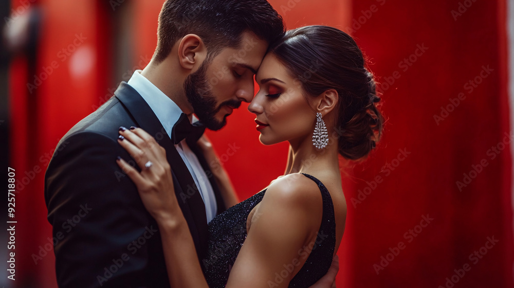 A passionate and dramatic dance performance by a couple of professional tango dancers in elegant attire, making eye contact on stage. A passionate and dramatic dance performance by a couple of professional tango dancers in elegant attire, making eye contact on stage.