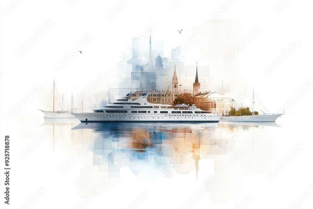Fototapeta premium Serene River Cruise Vector Collage with Hand-Drawn Nautical Elements and Scanned Textures